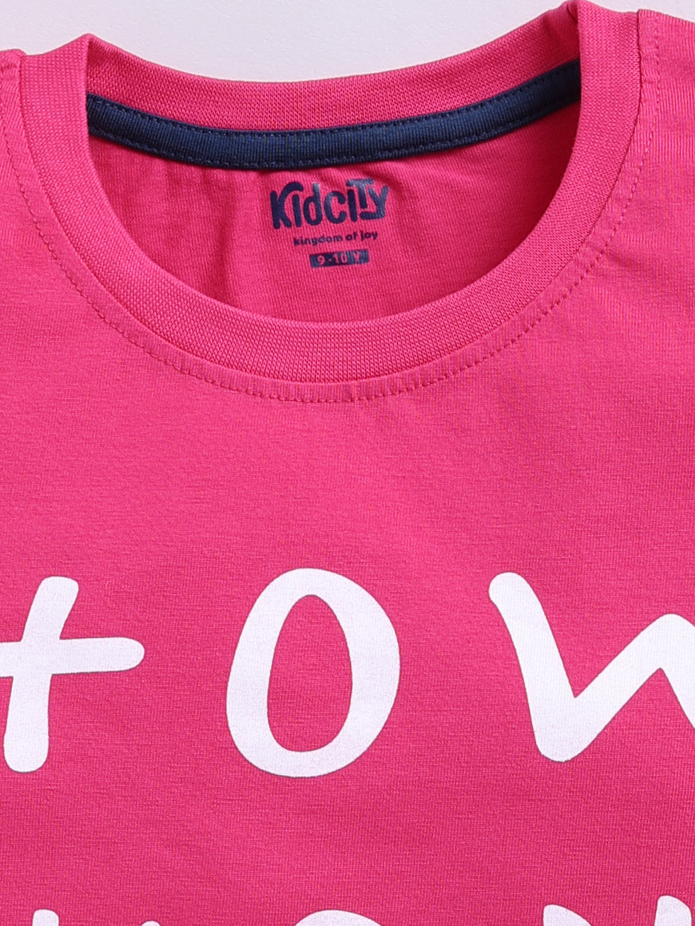 Kidcity Girls Cotton Sinker Cold-Shoulder Text Print Tops - Rani Zoom View