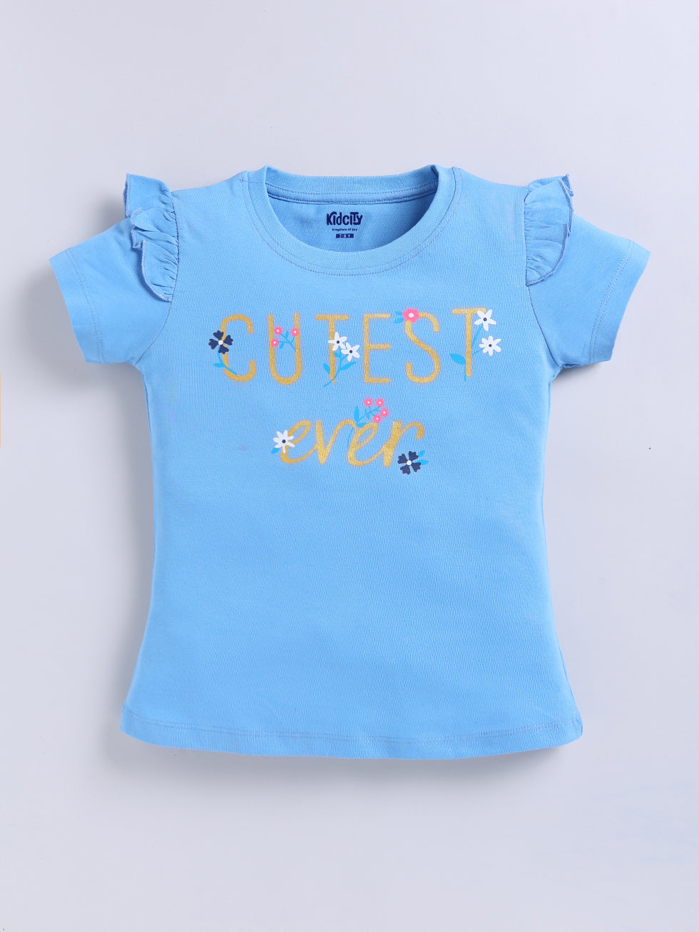 Kidcity Girls Cotton Sinker Cutest Ever Text  Print Half Sleeves Tops - Sky Blue Front View