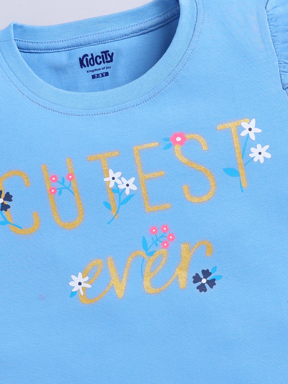 Kidcity Girls Cotton Sinker Cutest Ever Text  Print Half Sleeves Tops - Sky Blue Zoom View