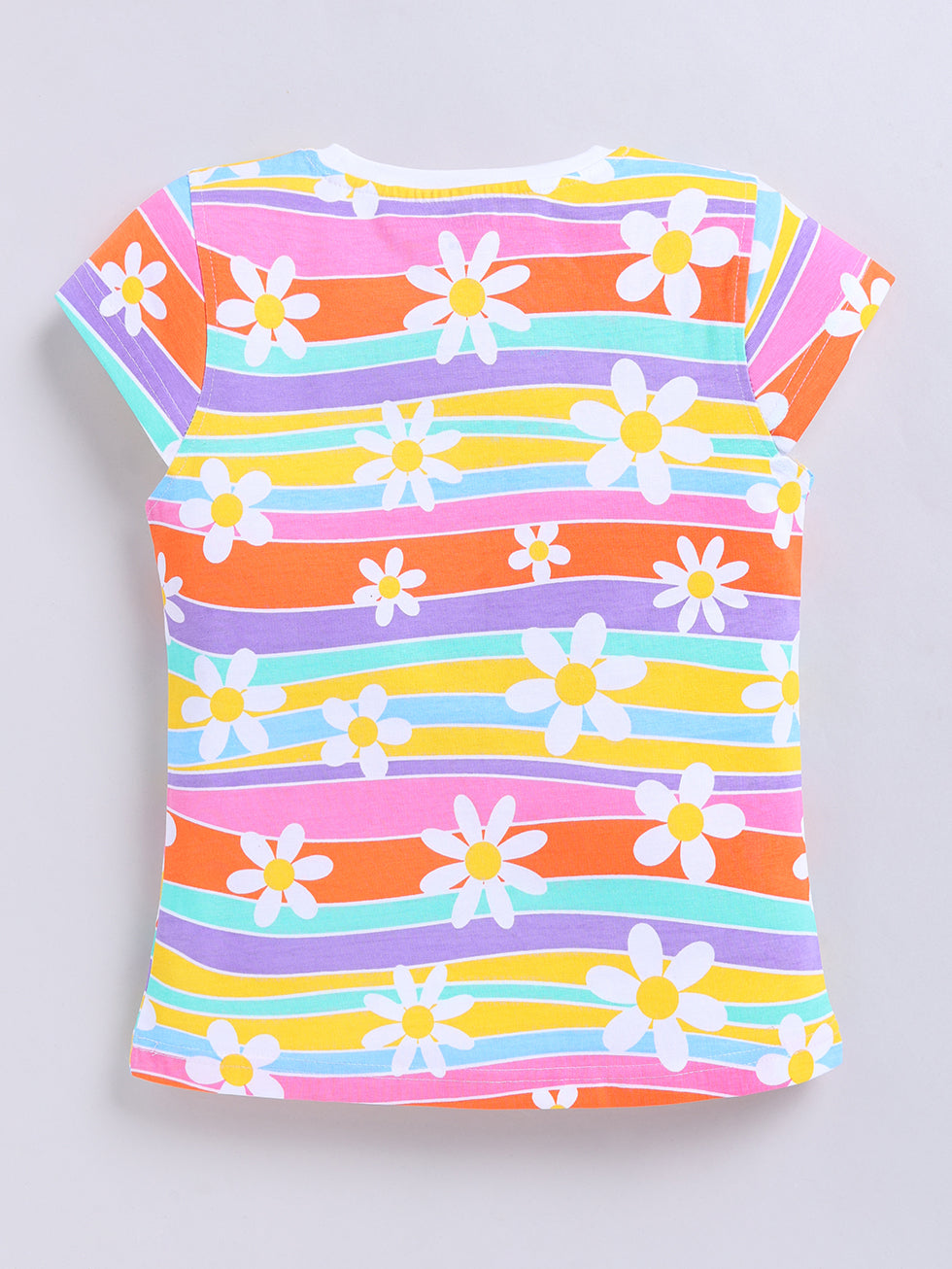 Kidcity Girls Cotton Sinker Daisy Stripe Allover Print Half Sleeve Tops - Multicolor Back View