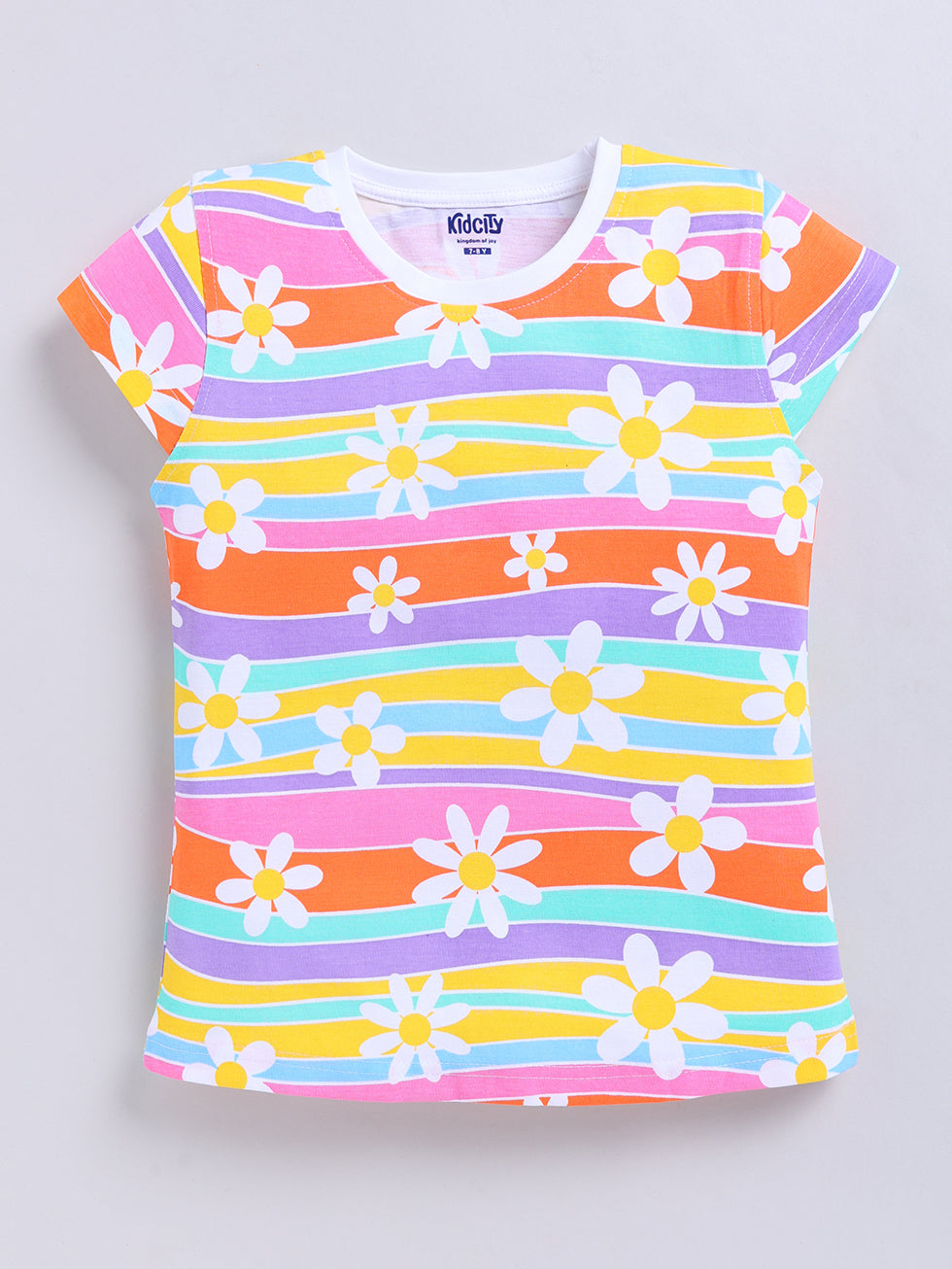 Kidcity Girls Cotton Sinker Daisy Stripe Allover Print Half Sleeve Tops - Multicolor Front View