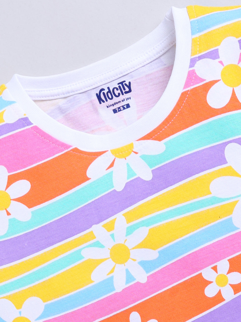 Kidcity Girls Cotton Sinker Daisy Stripe Allover Print Half Sleeve Tops - Multicolor Zoom View