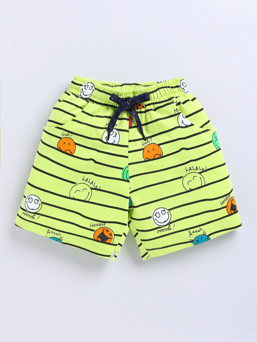 Kidcity Girls Cotton Sinker Emoji Graphic Allover Print Shorts -Light Green front view