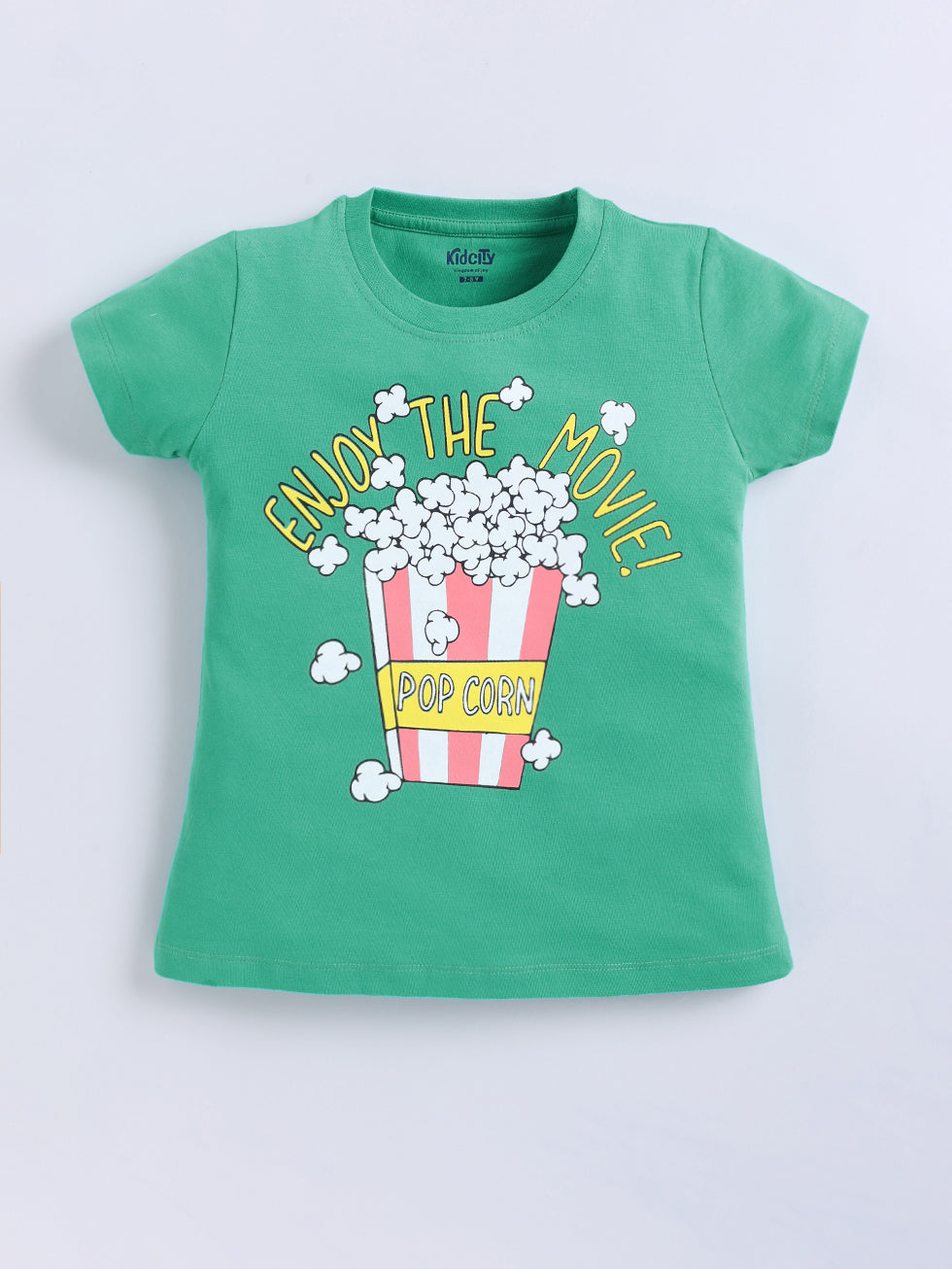 Kidcity Girls Cotton Sinker Enjoy the Movie Text and Popcorn Bucket Graphic Print Half Sleeves Tops - Light Green Front View