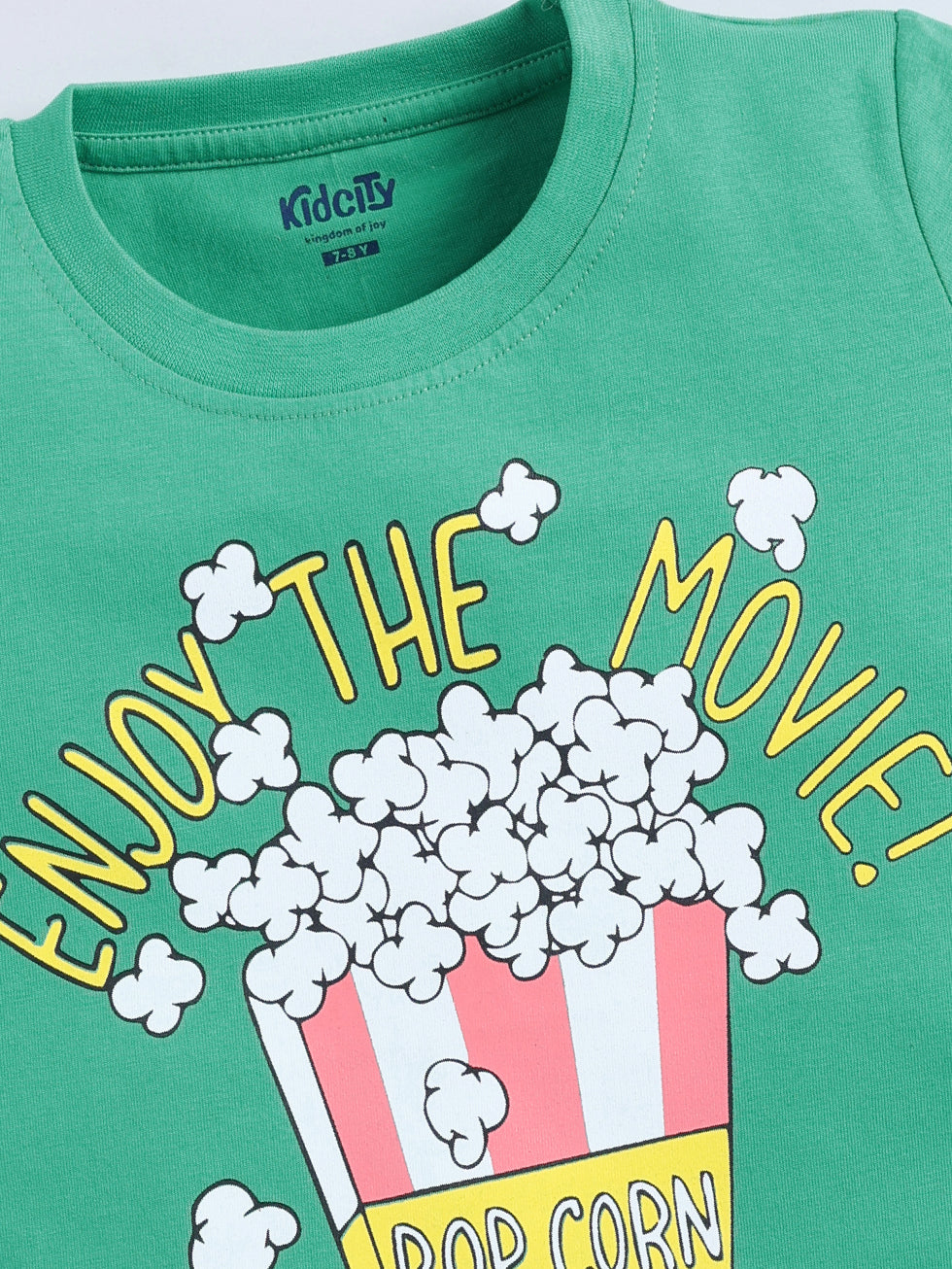 Kidcity Girls Cotton Sinker Enjoy the Movie Text and Popcorn Bucket Graphic Print Half Sleeves Tops - Light Green Zoom View