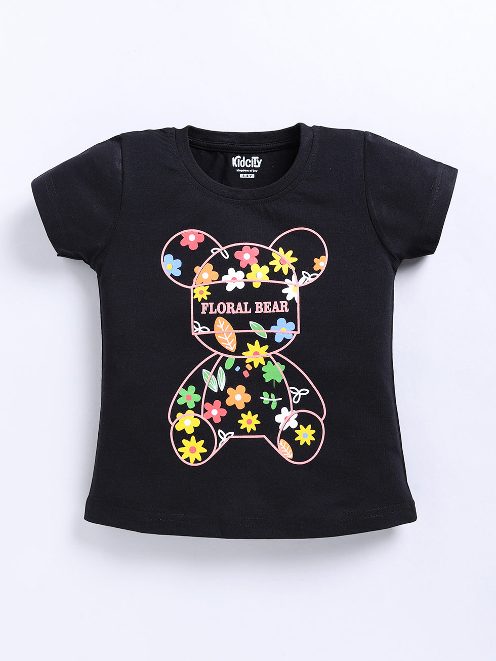 Kidcity Girls Cotton Sinker Floral Bear Graphic Print Half Sleeve Tops - Black Front View