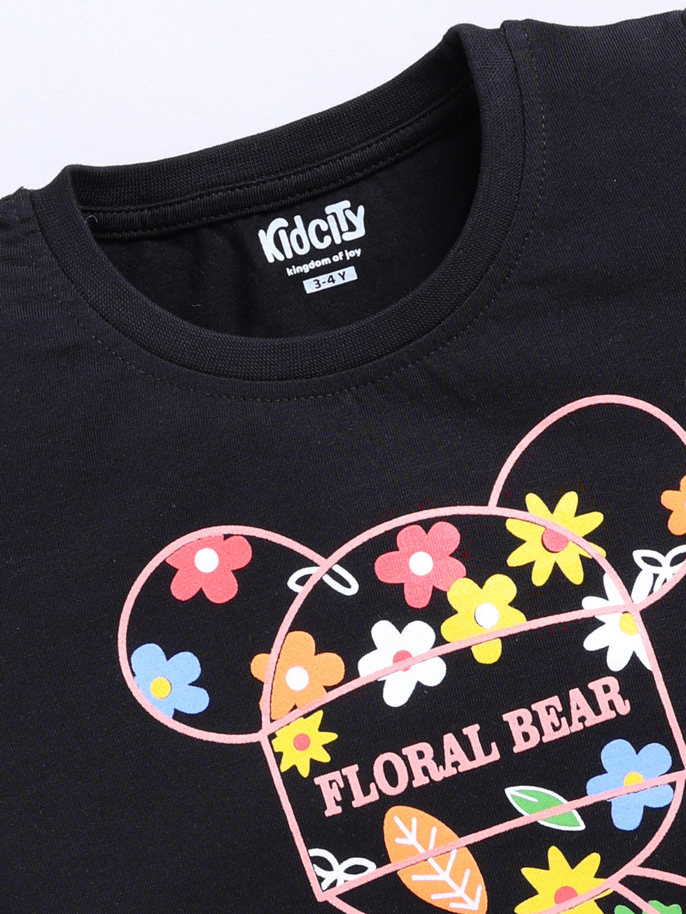 Kidcity Girls Cotton Sinker Floral Bear Graphic Print Half Sleeve Tops - Black Zoom View