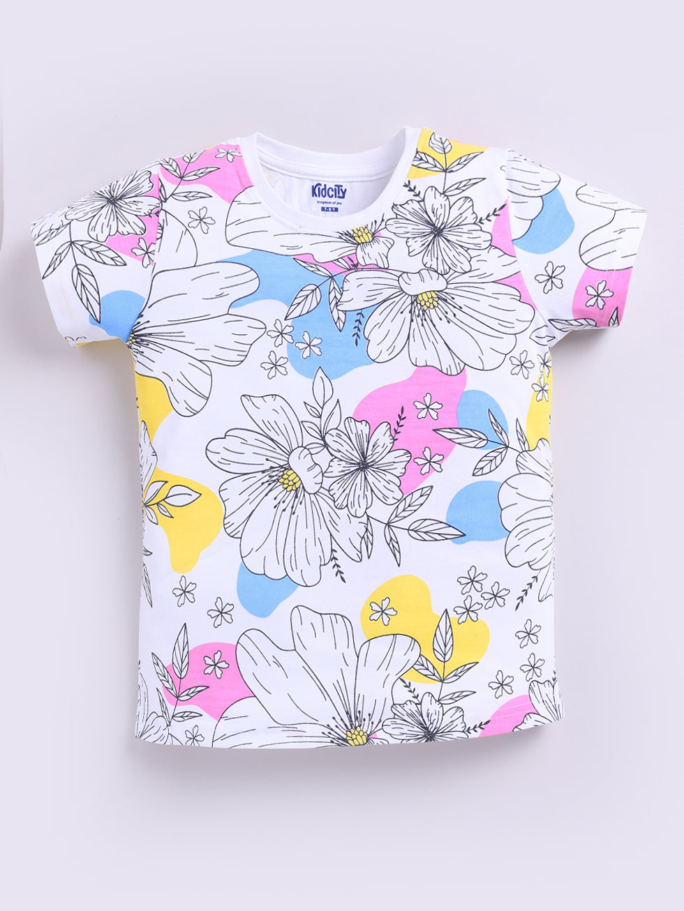 Kidcity Girls Cotton Sinker Flower Allover Print Half Sleeves Top - White Front View