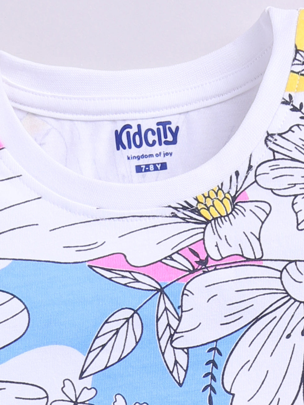 Kidcity Girls Cotton Sinker Flower Allover Print Half Sleeves Top - White Zoom View