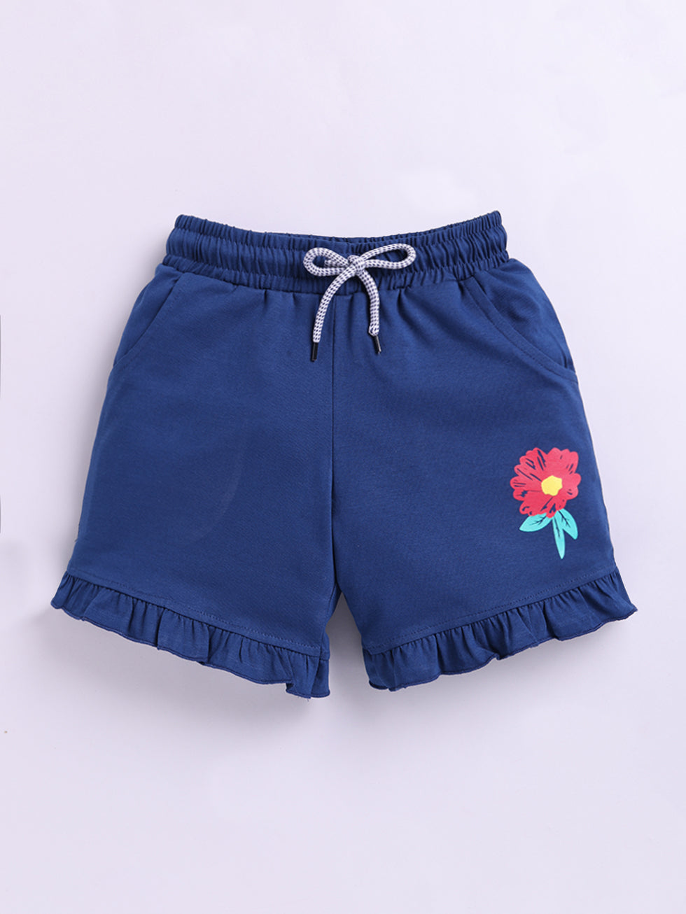 Kidcity Girls Cotton Sinker Flower Placement Print Shorts -Navy front view