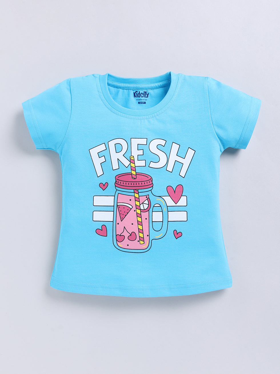 Kidcity Girls Cotton Sinker Fresh Juice Graphic Print Half Sleeve Tops - Aqua Blue Front View
