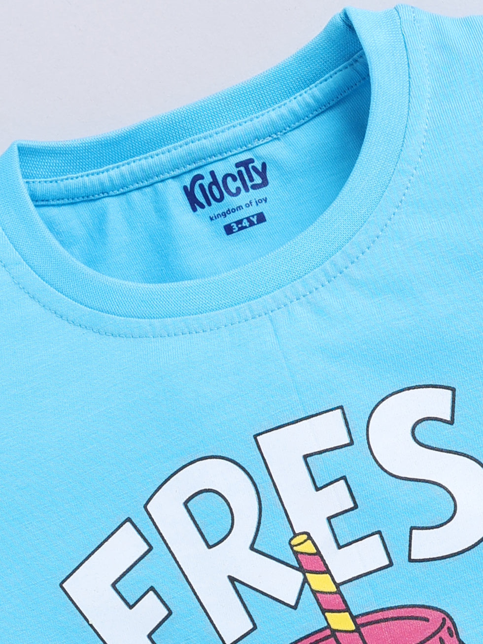 Kidcity Girls Cotton Sinker Fresh Juice Graphic Print Half Sleeve Tops - Aqua Blue Zoom  View
