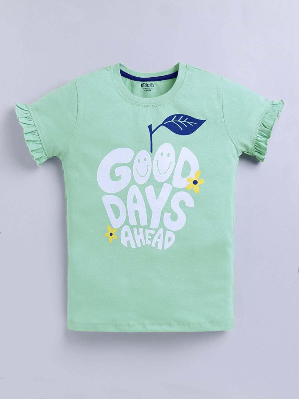 Kidcity Girls Cotton Sinker Good Days Ahead Text Print Half Sleeves Tops - Light Green Front View