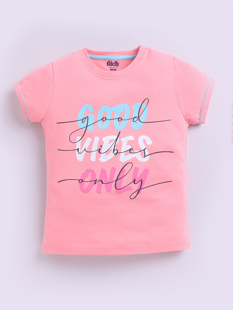 Kidcity Girls Cotton Sinker Good Vibes Only Text Print Half Sleeves Top - Peach Front View