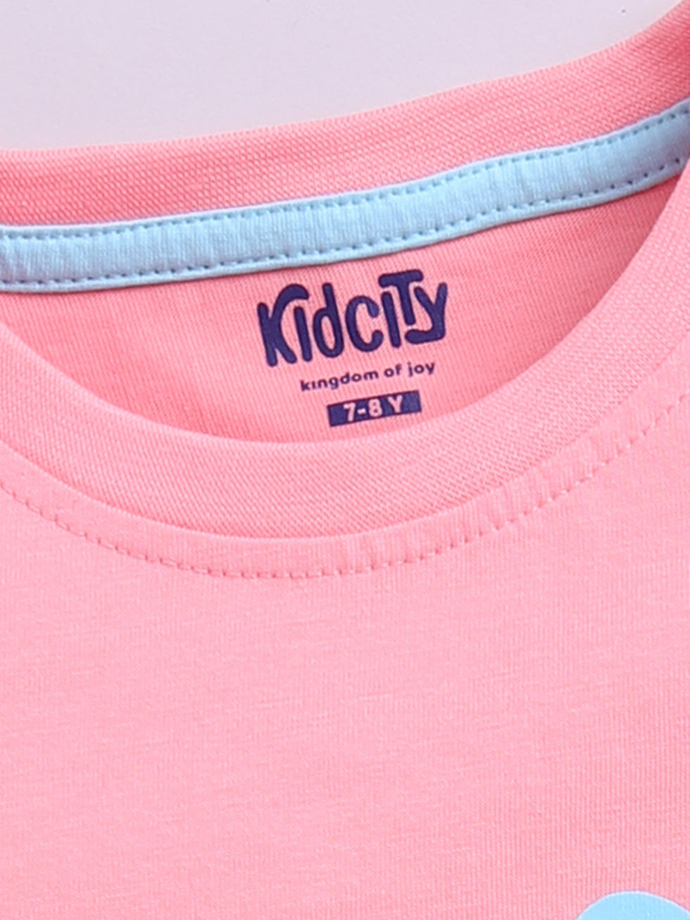 Kidcity Girls Cotton Sinker Good Vibes Only Text Print Half Sleeves Top - Peach Zoom View