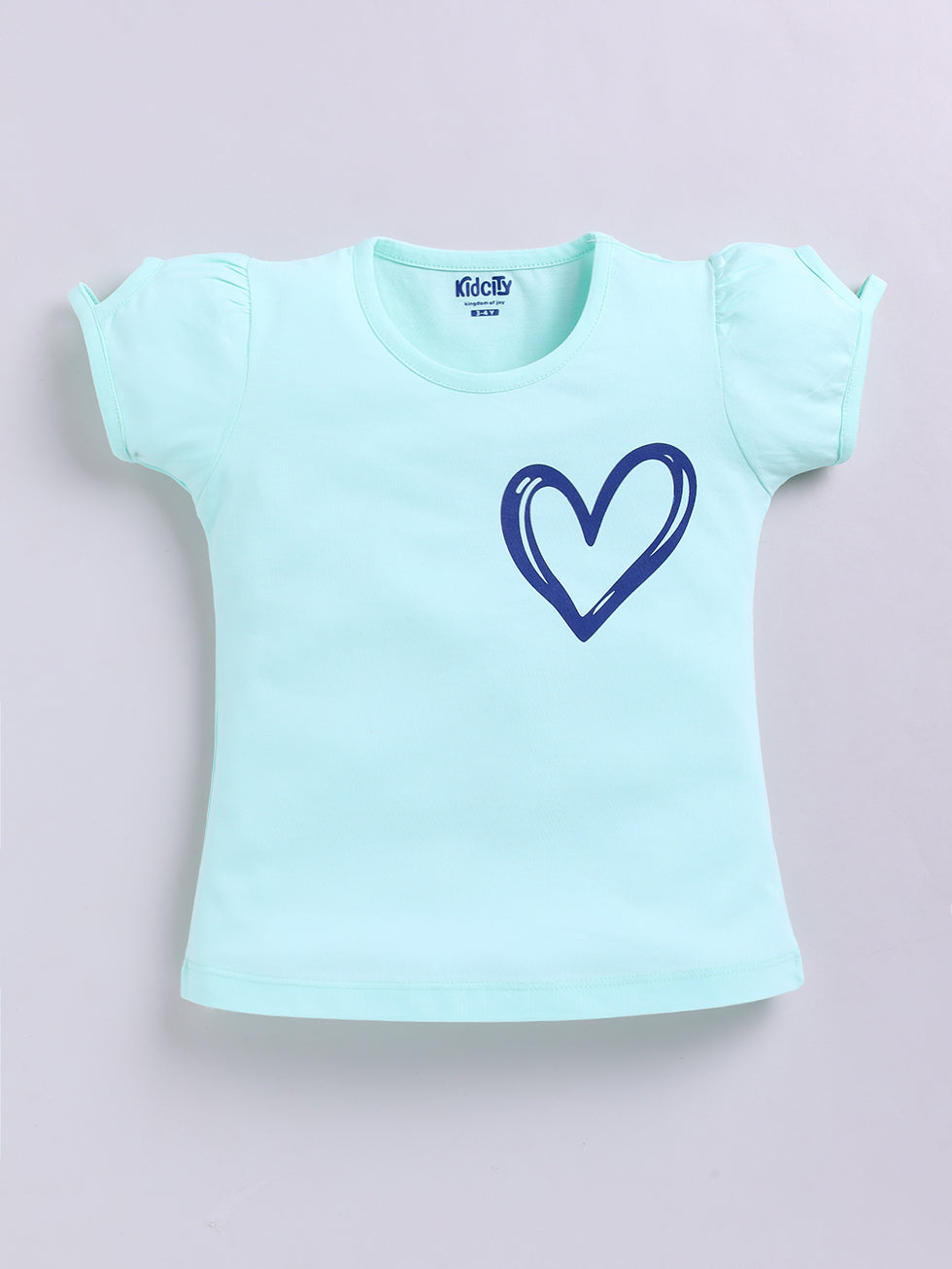 Kidcity Girls Cotton Sinker Half Sleeves Heart Print Tops - Light Blue Front View