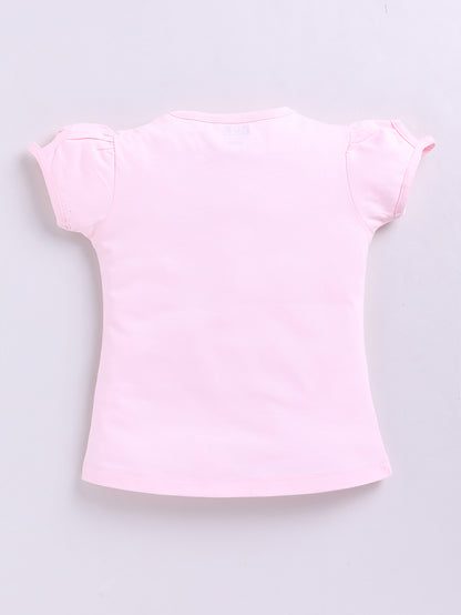 Kidcity Girls Cotton Sinker Half Sleeves Heart and Text Print Tops - Baby Pink back view
