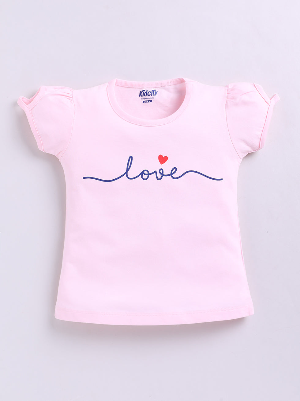 Kidcity Girls Cotton Sinker Half Sleeves Heart and Text Print Tops - Baby Pink front view