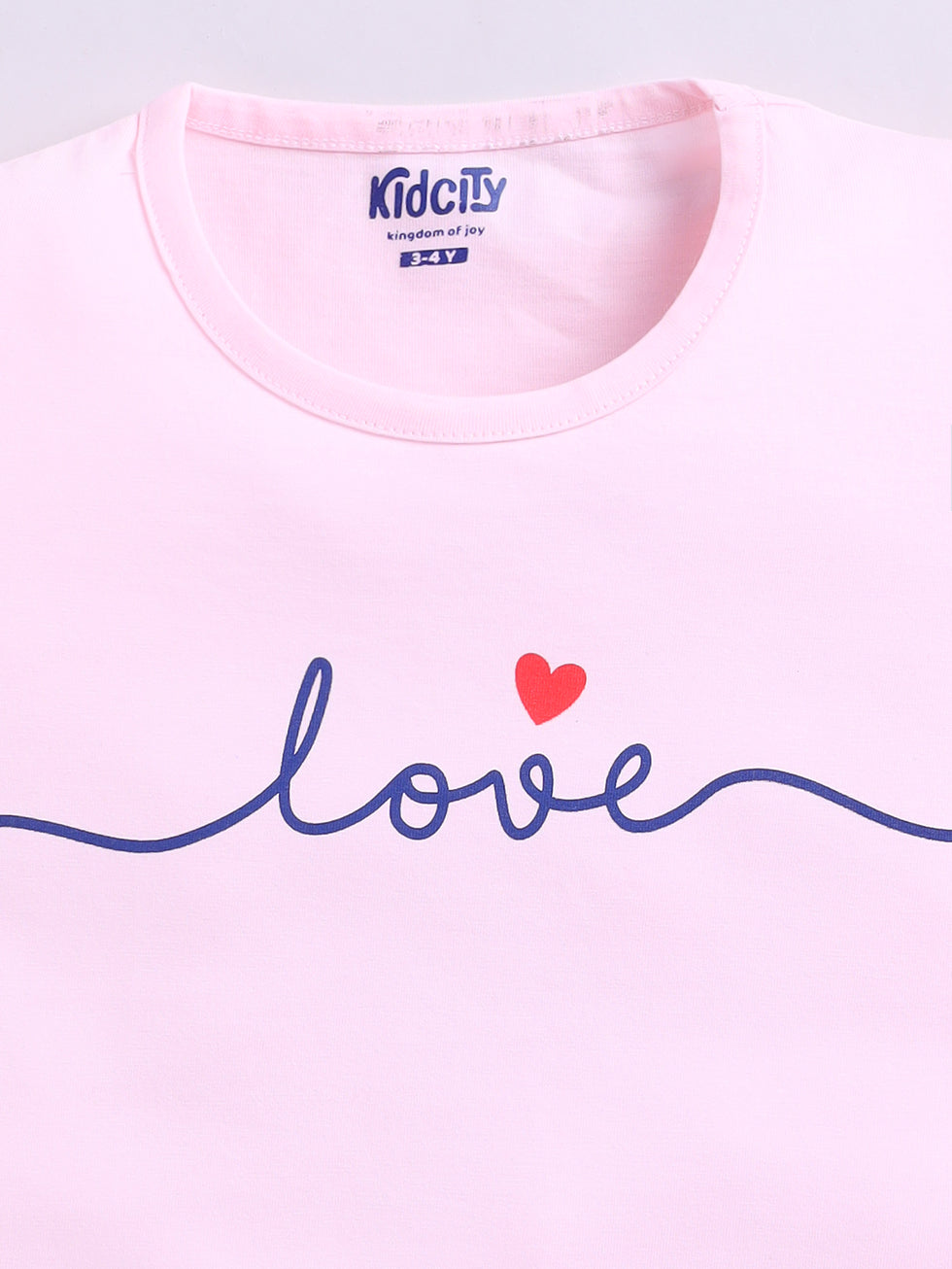 Kidcity Girls Cotton Sinker Half Sleeves Heart and Text Print Tops - Baby Pink zoom view