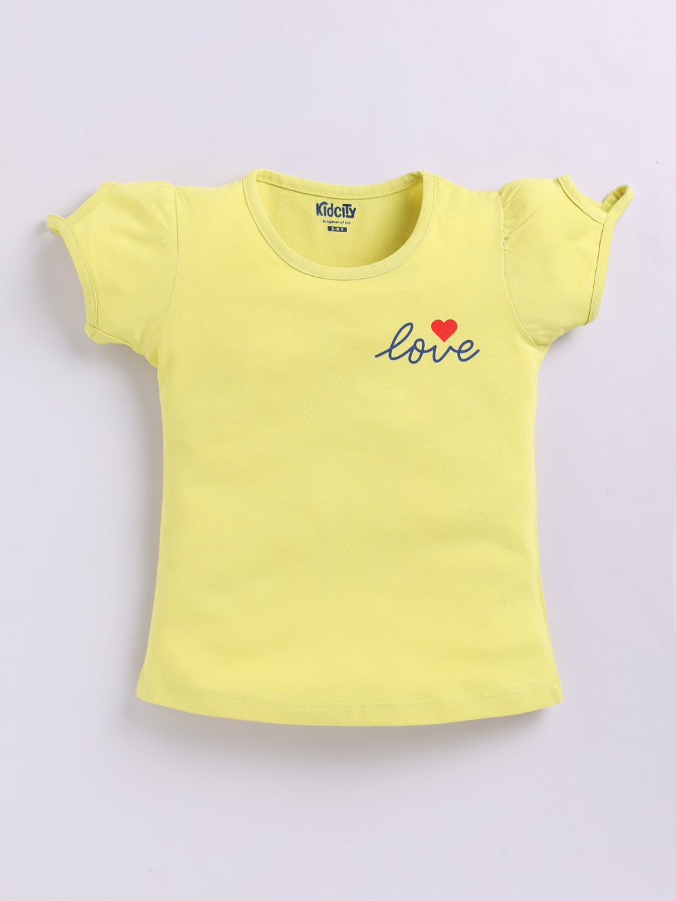 Kidcity Girls Cotton Sinker Half Sleeves Heart and Text Print Tops - Lime Green Front View