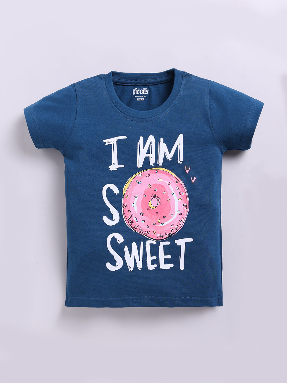 Kidcity Girls Cotton Sinker Half Sleeves Text and Donut Graphic Tops - Navy Front View
