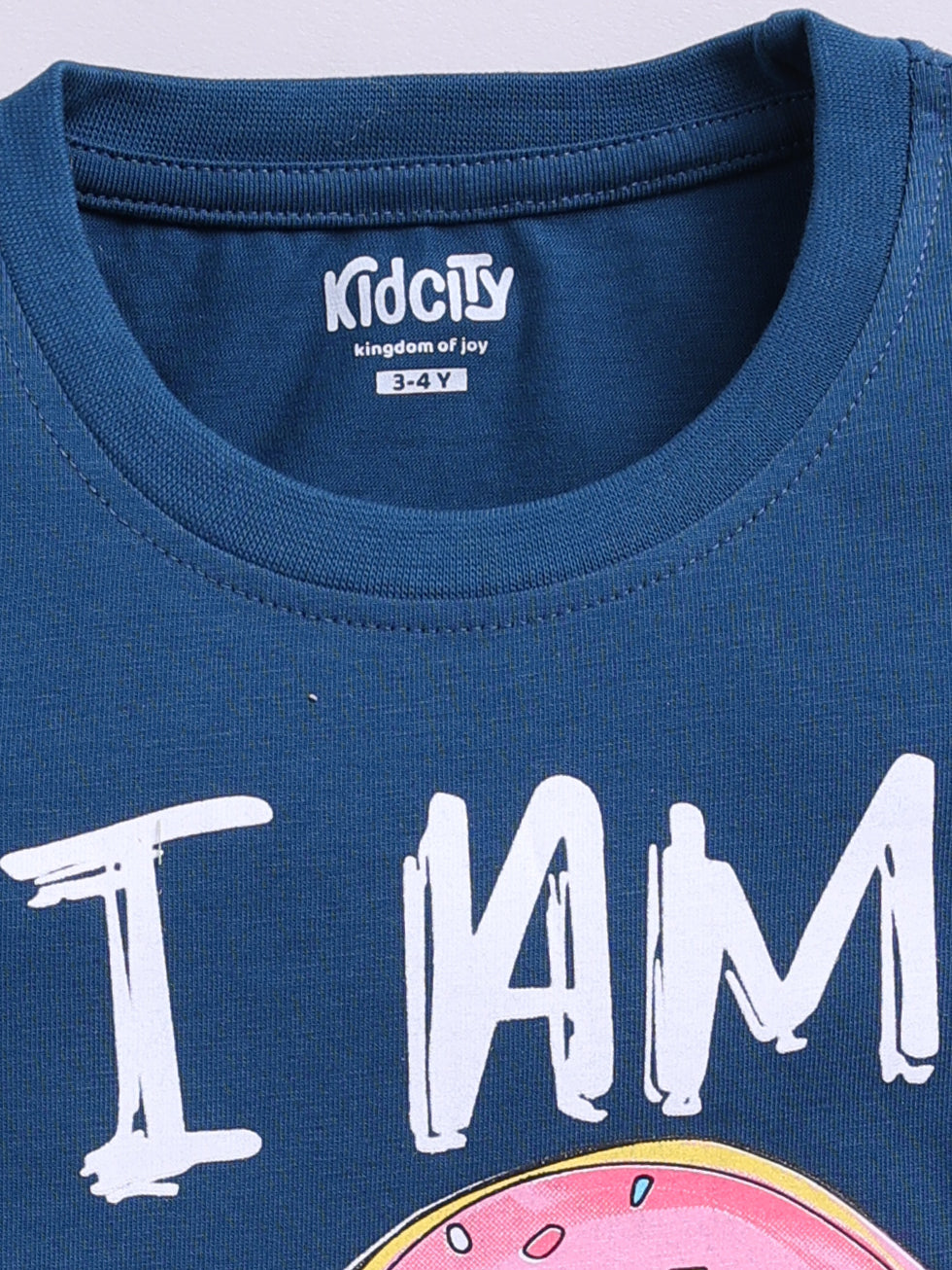 Kidcity Girls Cotton Sinker Half Sleeves Text and Donut Graphic Tops - Navy Zoom View