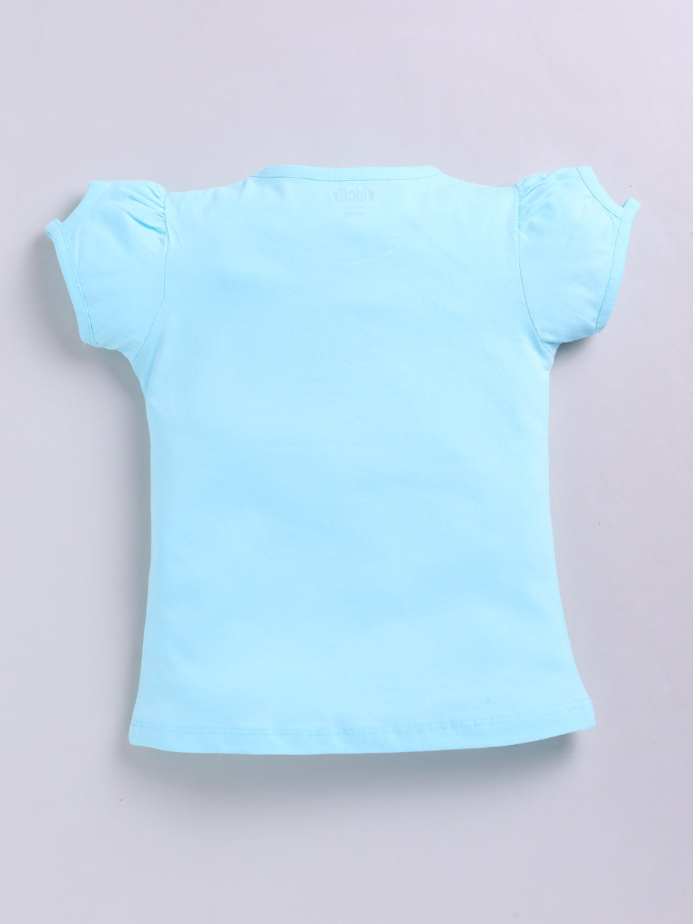 Kidcity Girls Cotton Sinker Half Sleeves Text and Kitty Graphics Tops - Aqua Blue Back View