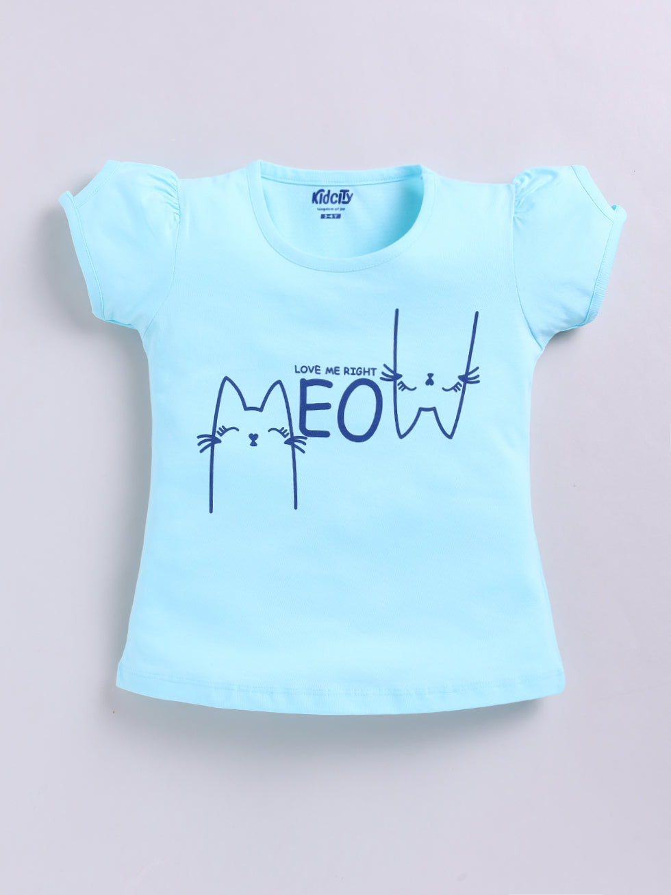 Kidcity Girls Cotton Sinker Half Sleeves Text and Kitty Graphics Tops - Aqua Blue Front View