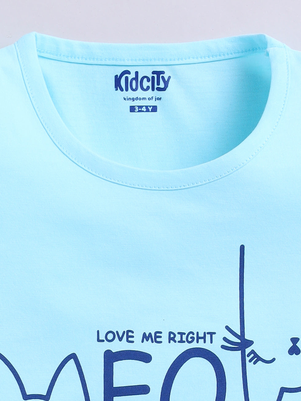 Kidcity Girls Cotton Sinker Half Sleeves Text and Kitty Graphics Tops - Aqua Blue Zoom View