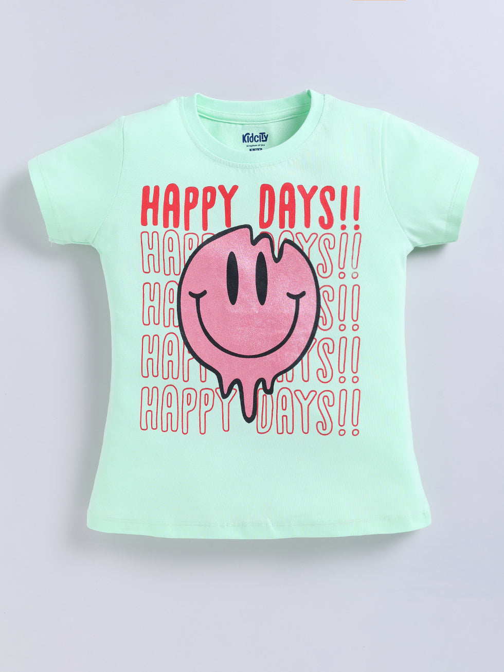 Kidcity Girls Cotton Sinker Happy Days Text and Smiley Graphic Half Sleeves Tops - Sea Green front view