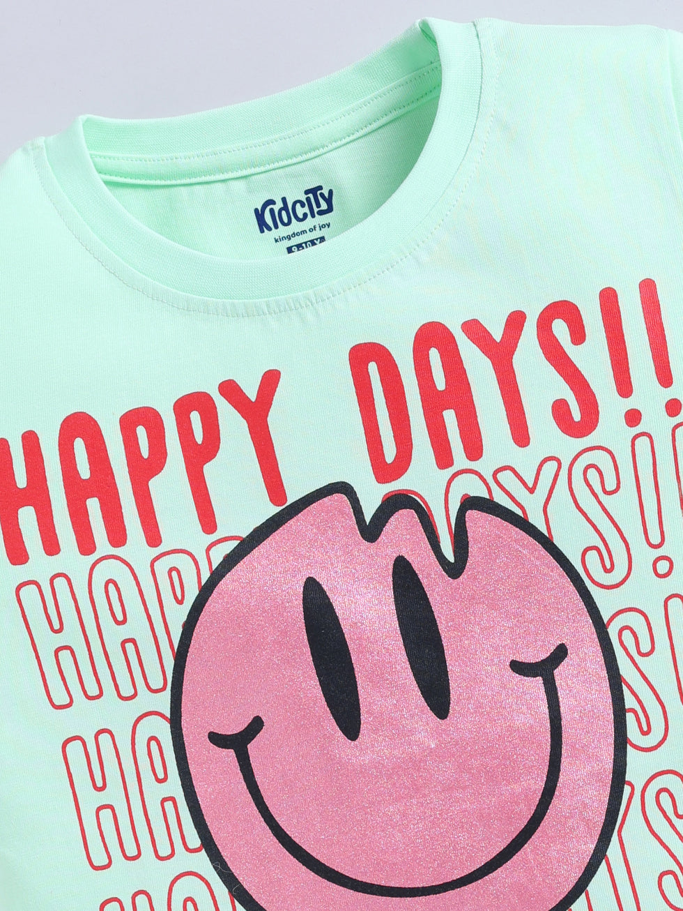 Kidcity Girls Cotton Sinker Happy Days Text and Smiley Graphic Half Sleeves Tops - Sea Green zoom view