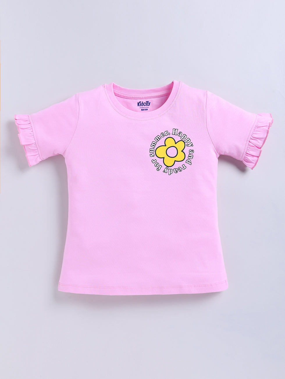 Kidcity Girls Cotton Sinker Happy and Ready for Summer Text and Flower Graphic Print Half Sleeves Tops - Light Pink Front View
