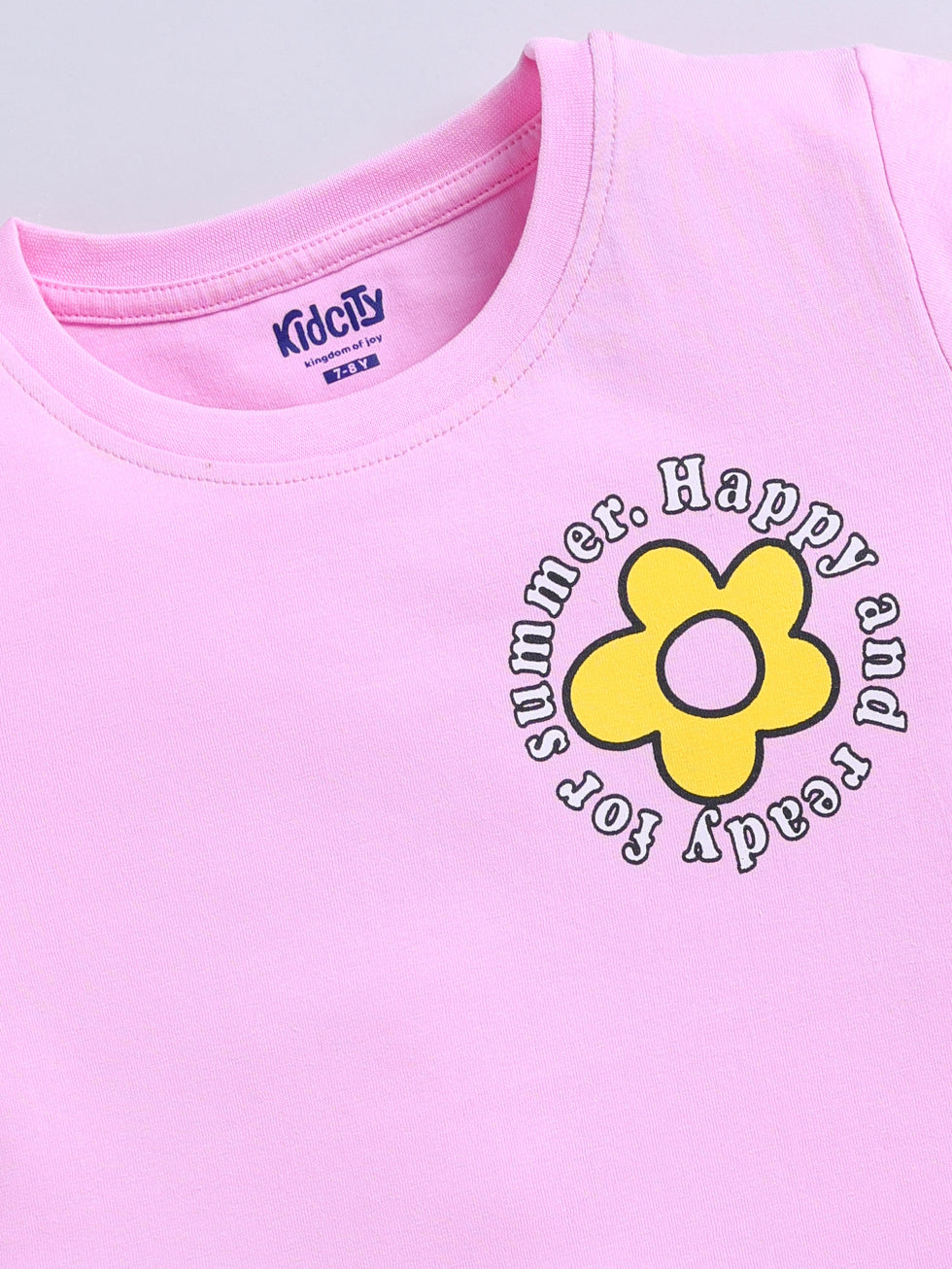 Kidcity Girls Cotton Sinker Happy and Ready for Summer Text and Flower Graphic Print Half Sleeves Tops - Light Pink Zoom View