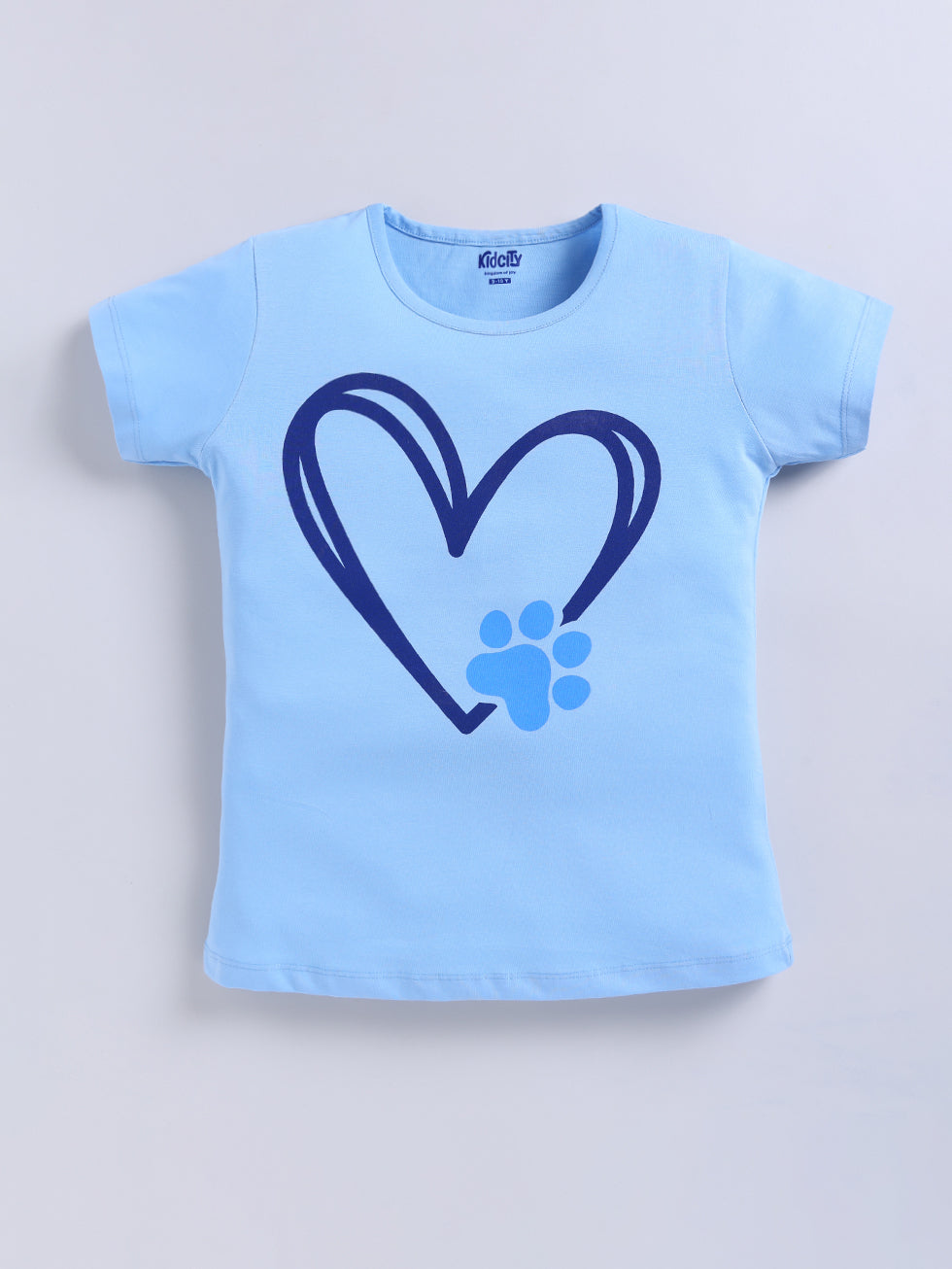 Kidcity Girls Cotton Sinker Heart & Paw Graphic Graphic Print Half Sleeves Tops -Sky Blue Front View
