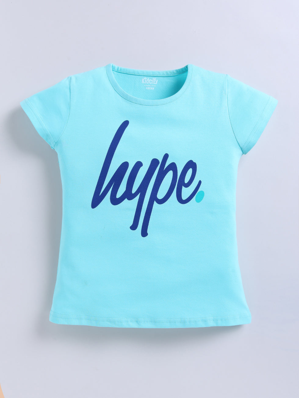 Kidcity Girls Cotton Sinker Hype Text Print Half Sleeves Tops - Aqua Blue Front View