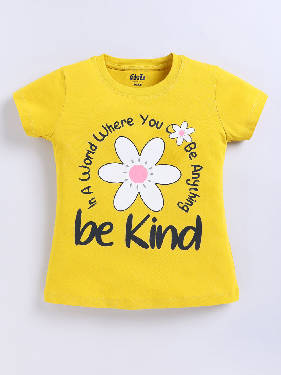 Kidcity Girls Cotton Sinker In a world where you can be anything, be kind Text and Flower Graphic Print Half Sleeves Tops - Mustard