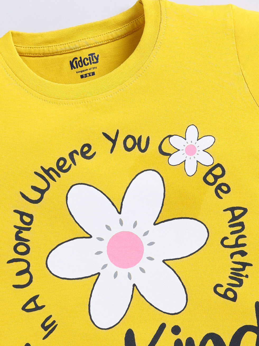 Kidcity Girls Cotton Sinker In a world where you can be anything, be kind Text and Flower Graphic Print Half Sleeves Tops - Mustard Back View
