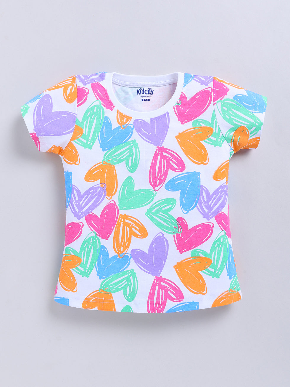 Kidcity Girls Cotton Sinker Scribble Hearts Allover Print Half Sleeve Tops - Multicolor Front View