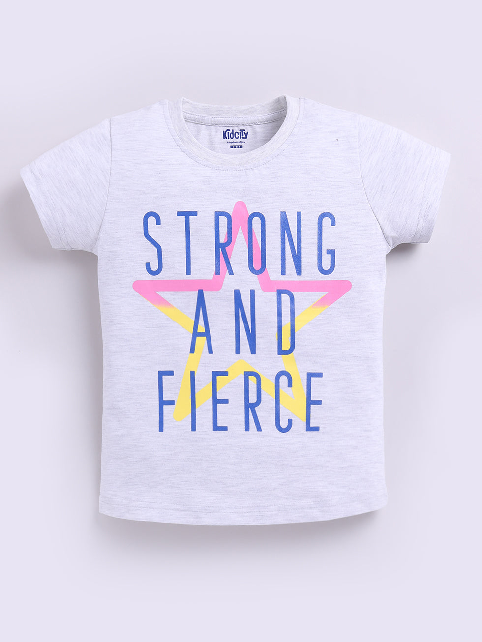 Kidcity Girls Cotton Sinker Strong And Fierce Text Print Half Sleeves Top - Grey Front View