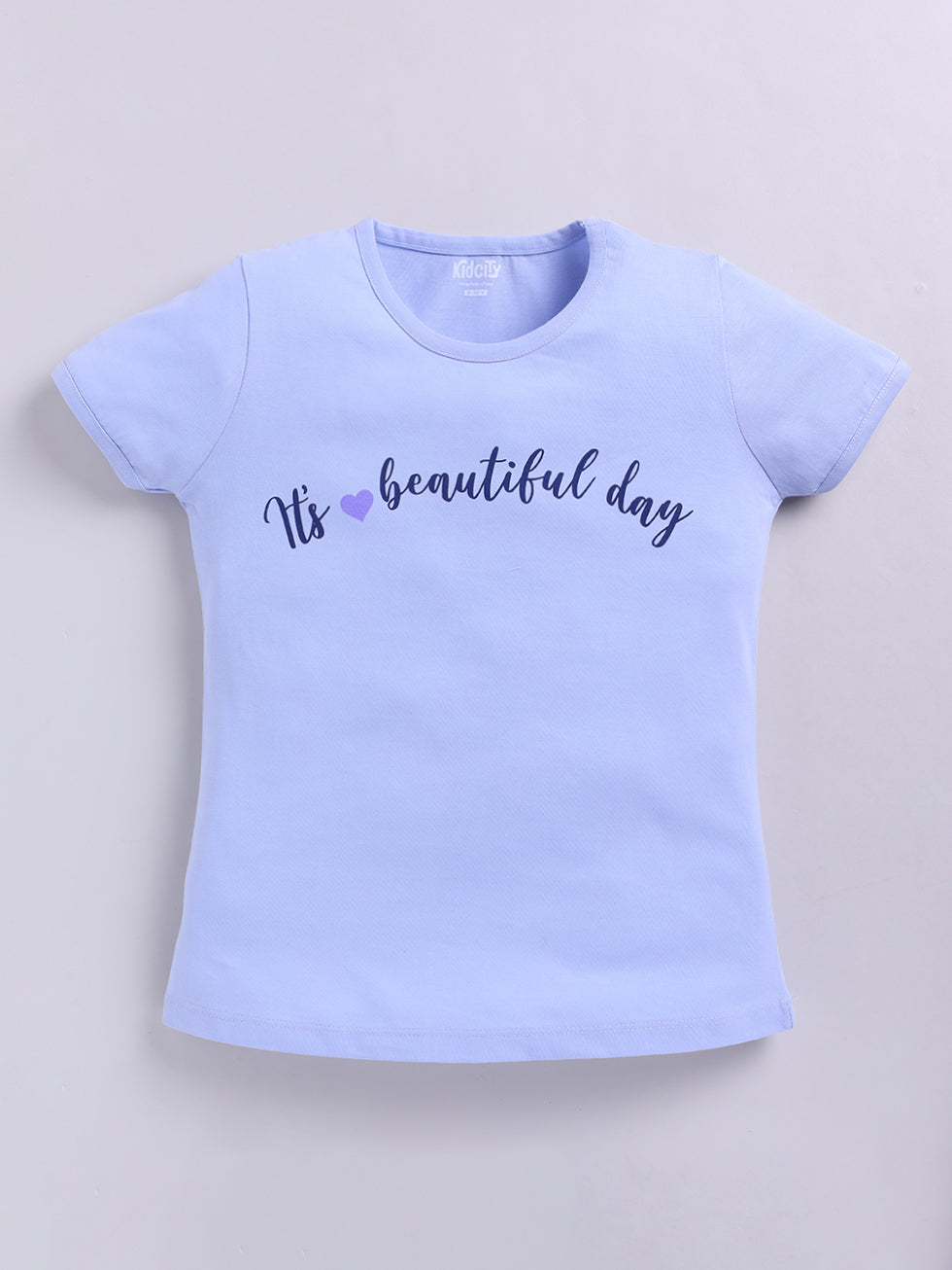 Kidcity Girls Cotton Sinker Text Print Half Sleeves Tops - Light Blue Front View