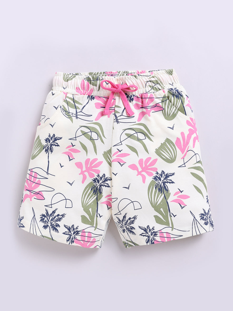 Kidcity Girls Cotton Sinker Tropical Print Shorts - Off-White front view