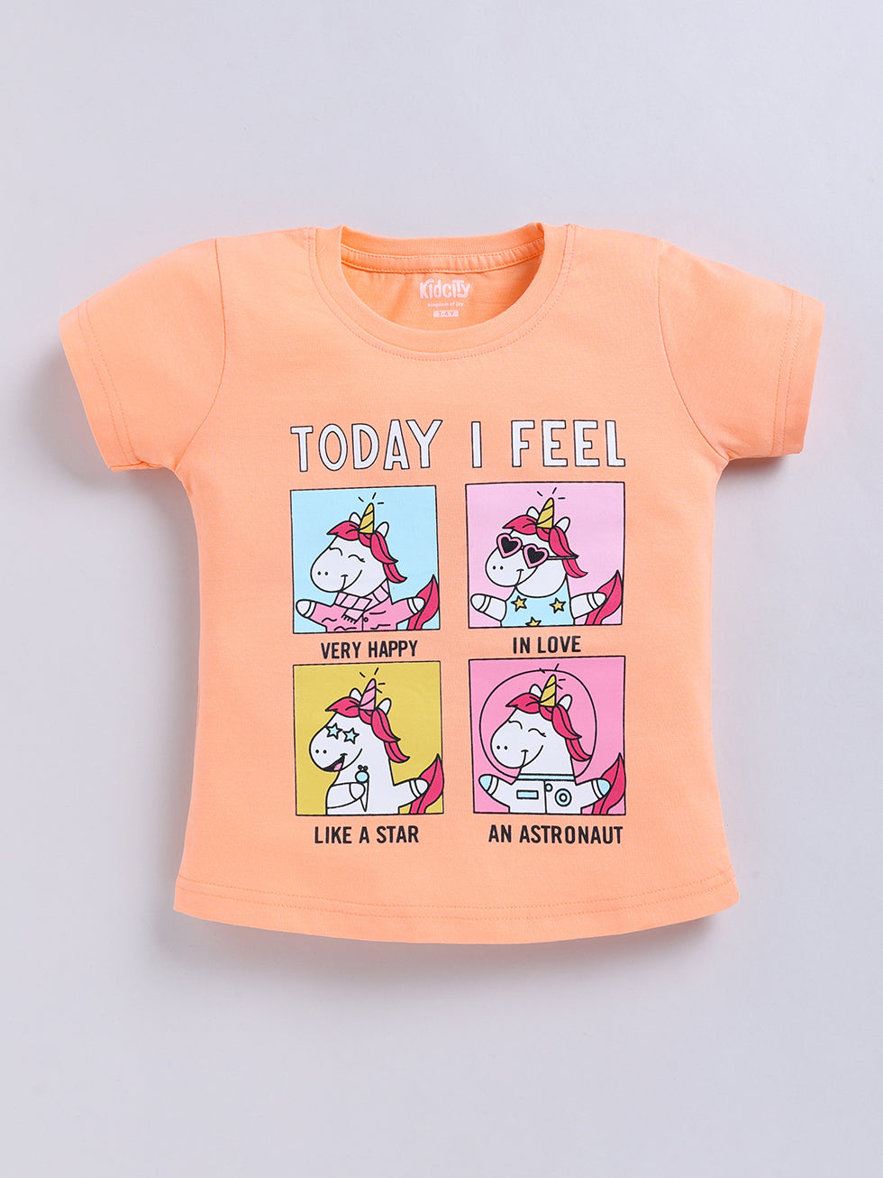 Kidcity Girls Cotton Sinker Unicorn Mood Graphic Print Half Sleeve Tops -Peach Front View