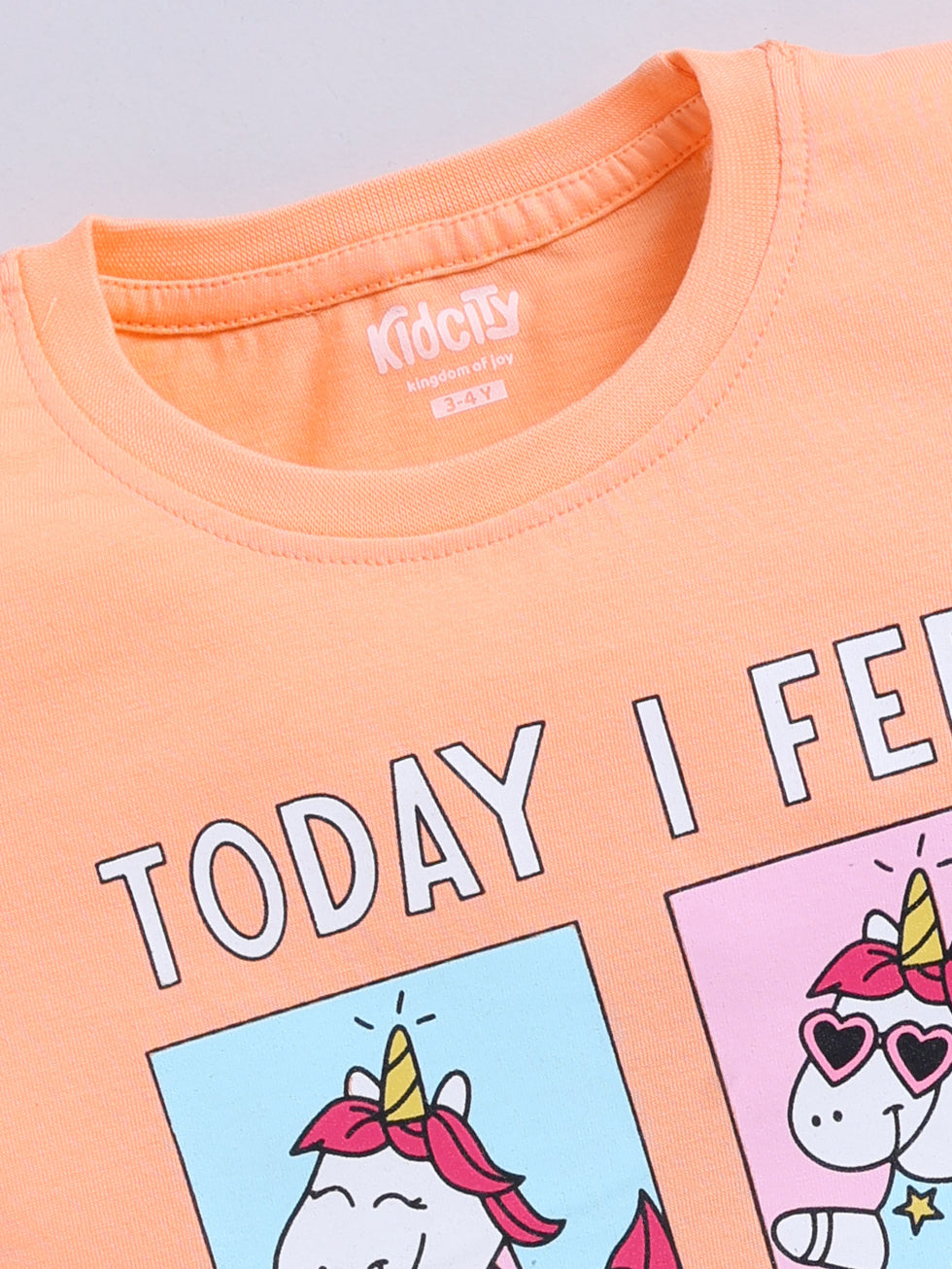 Kidcity Girls Cotton Sinker Unicorn Mood Graphic Print Half Sleeve Tops -Peach Zoom View