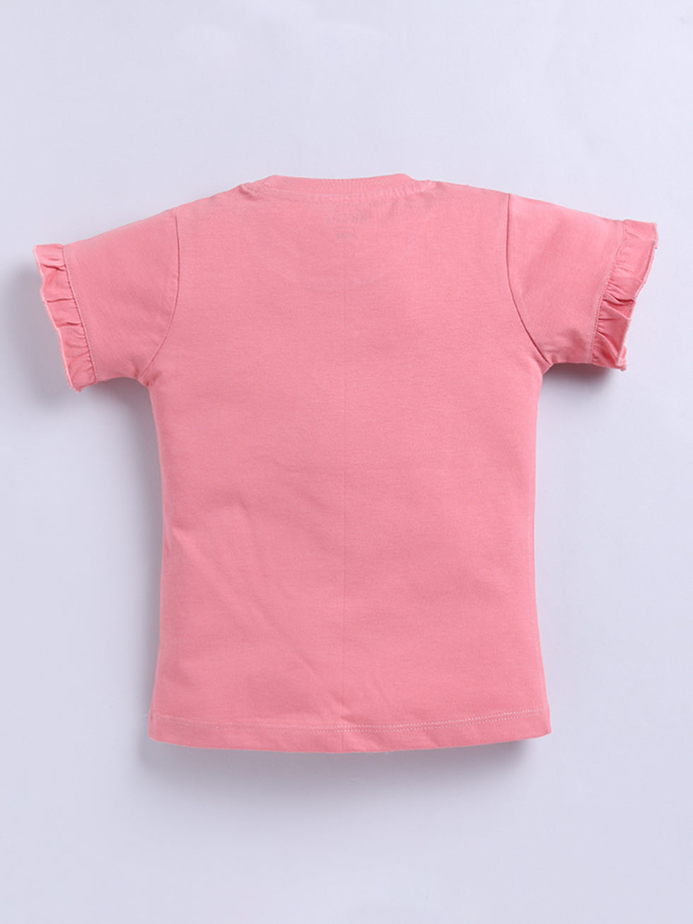 Kidcity Girls Cotton Sinker Unicorn and Flower Print Half Sleeves Top - Peach Back View