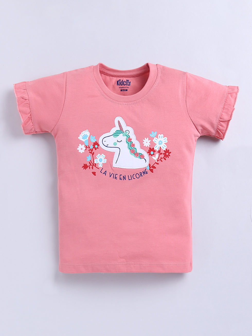 Kidcity Girls Cotton Sinker Unicorn and Flower Print Half Sleeves Top - Peach Front View