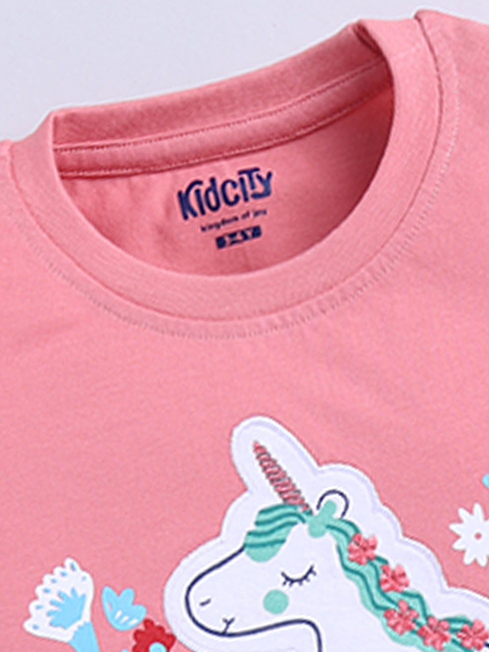 Kidcity Girls Cotton Sinker Unicorn and Flower Print Half Sleeves Top - Peach Zoom View