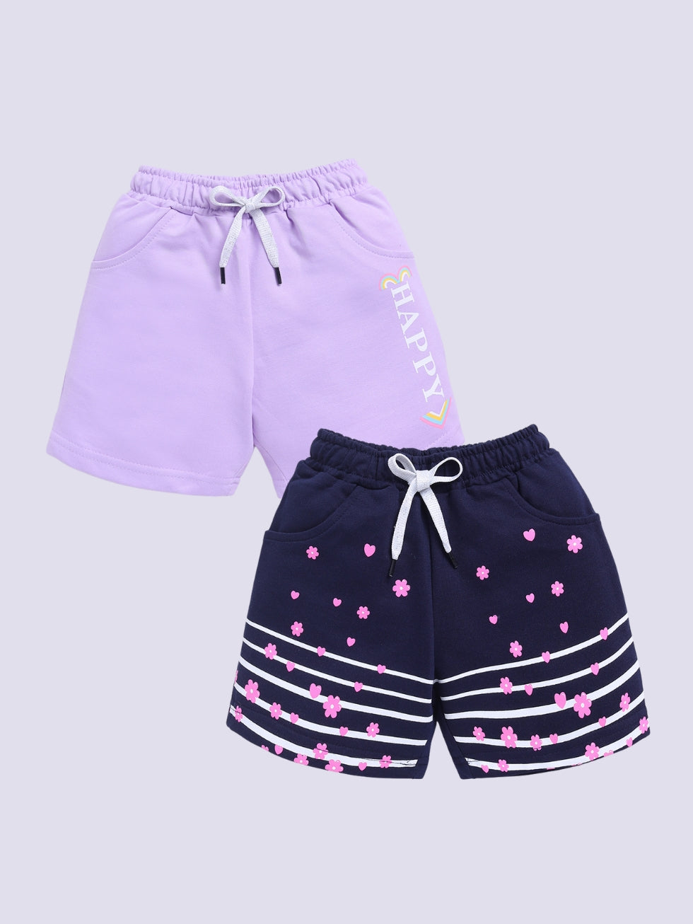 Kidcity Girls shorts Combo set (pack of 2) |Loopknit shorts|Levender, Navy shorts combo front view
