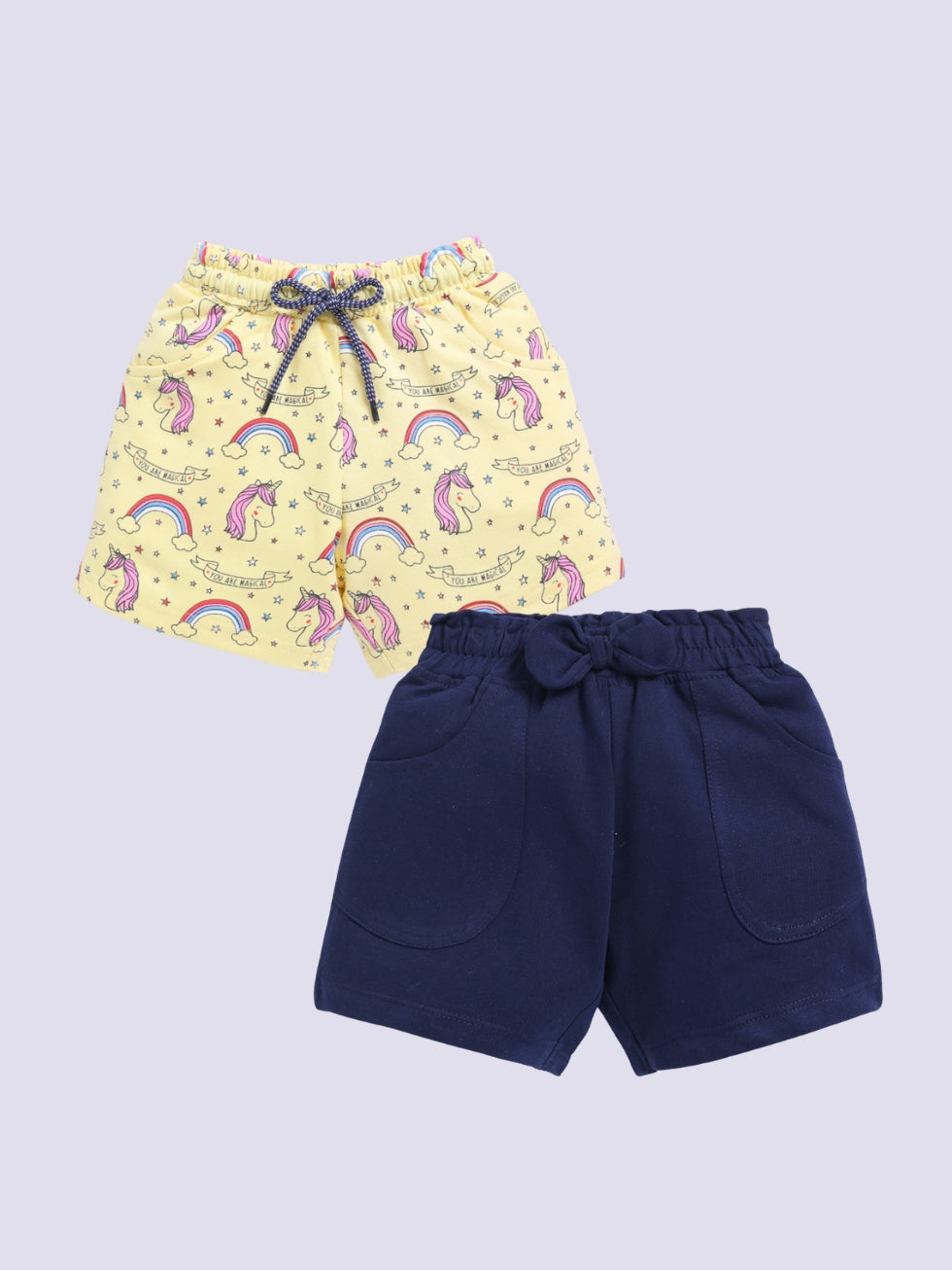 Kidcity Girls shorts Combo set (pack of 2) |Loopknit shorts|Navy, Yellow shorts combo back view