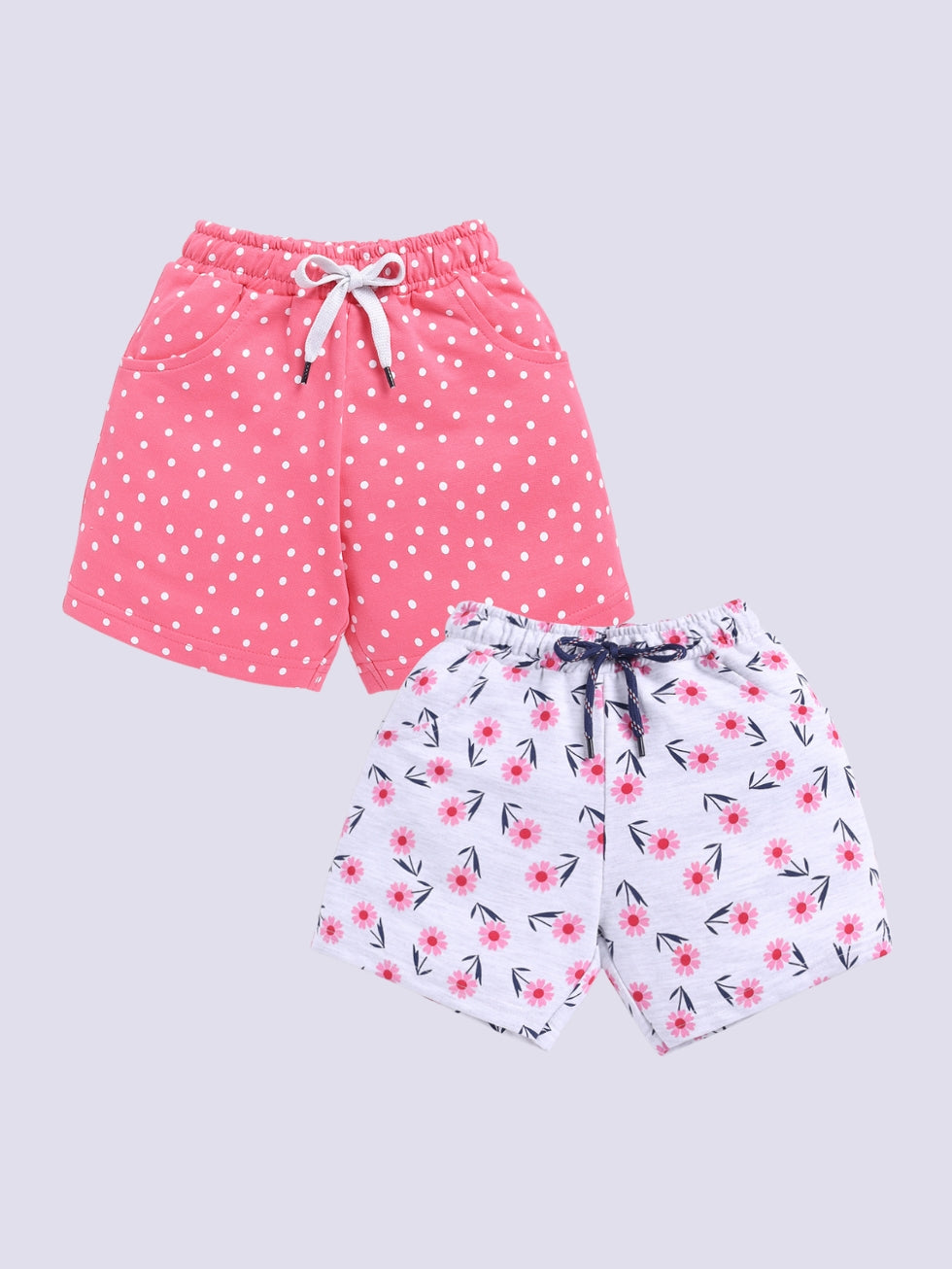 Kidcity Girls shorts Combo set (pack of 2) |Loopknit shorts|Pink, White combo shorts front view