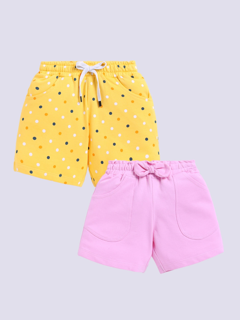 Kidcity Girls shorts Combo set (pack of 2) | Loopknit shorts | Pink, Yellow shorts Combo front view